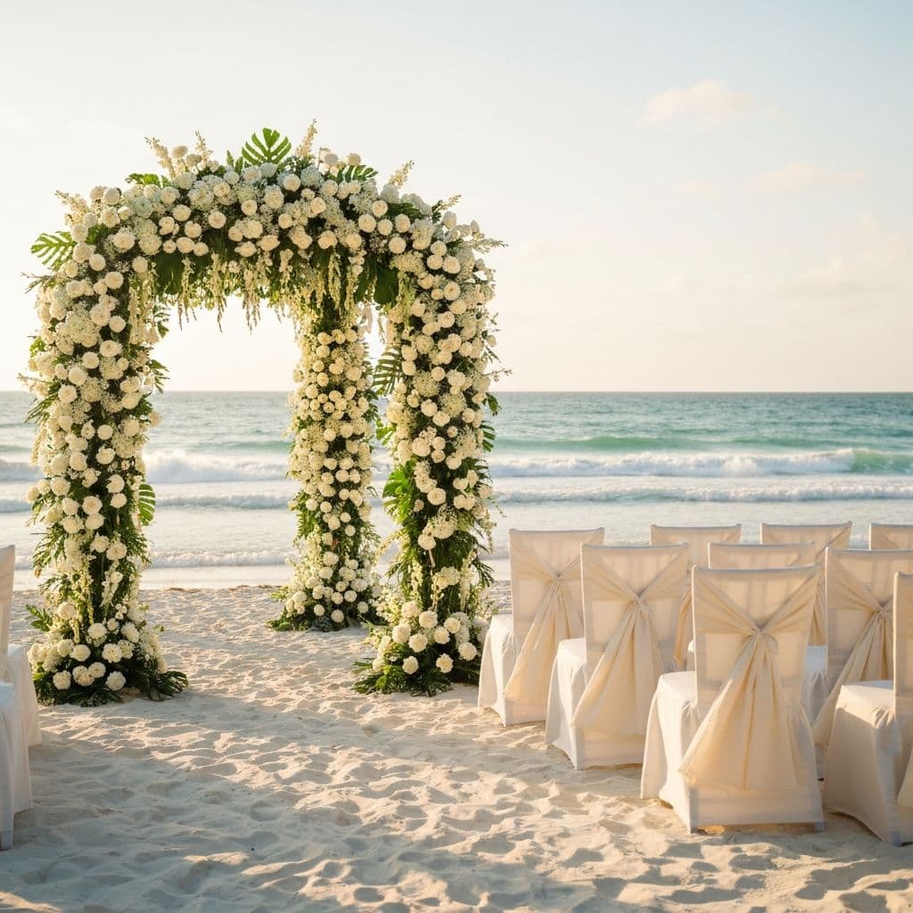 Beautiful beach wedding ceremony setup with floral archway on white sand