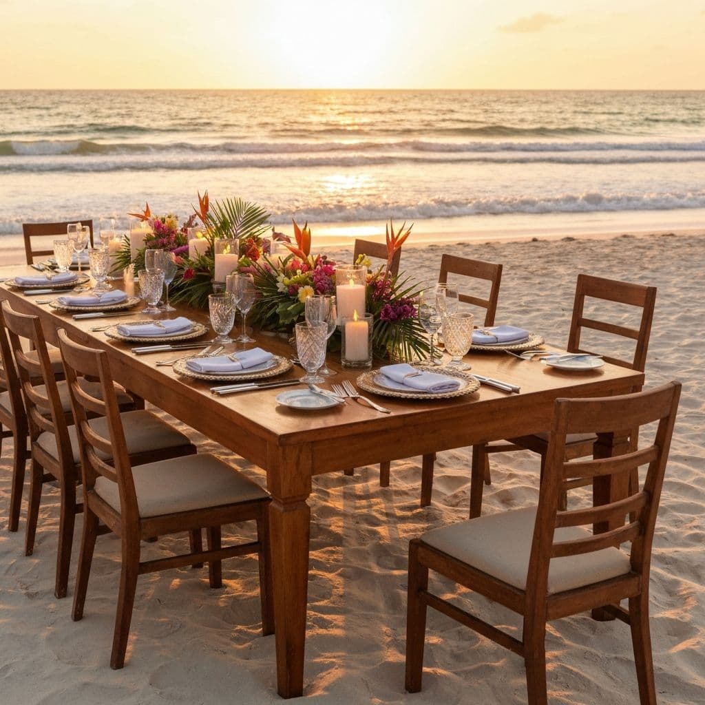Elegant beach fine dining setup at sunset with candles and floral centerpieces