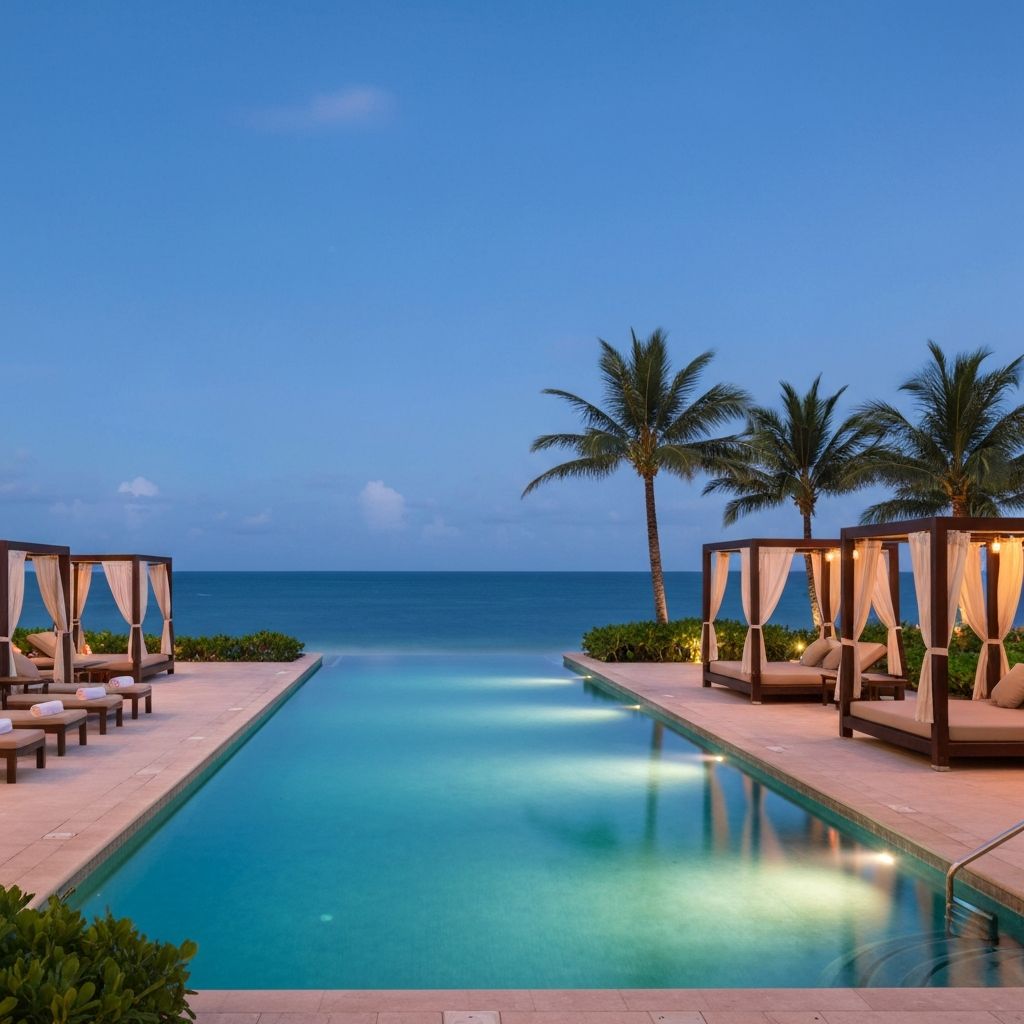Luxury resort infinity pool overlooking the ocean at twilight