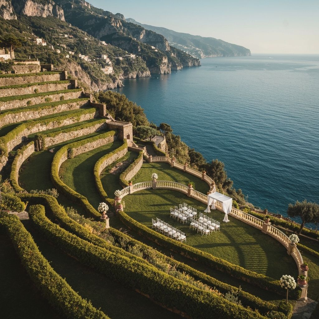 Exclusive luxury villa wedding on Amalfi Coast overlooking Mediterranean Sea