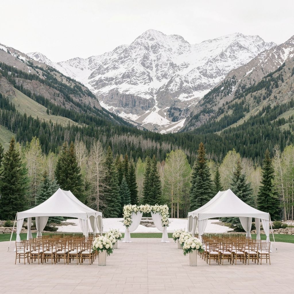 Luxury mountain wedding in Aspen with snow-capped Rocky Mountain backdrop