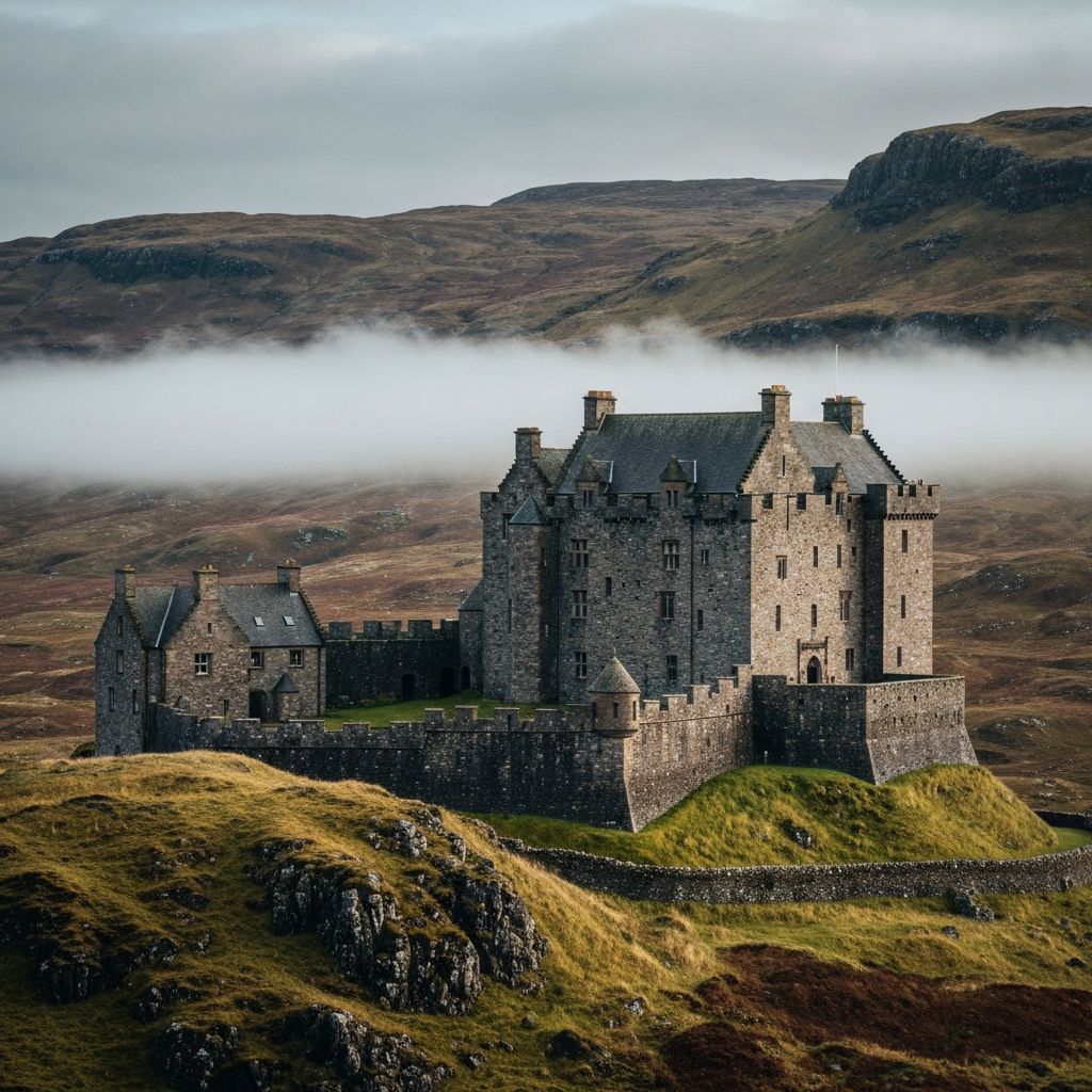 Dramatic Scottish castle on Isle of Skye with Highlands backdrop