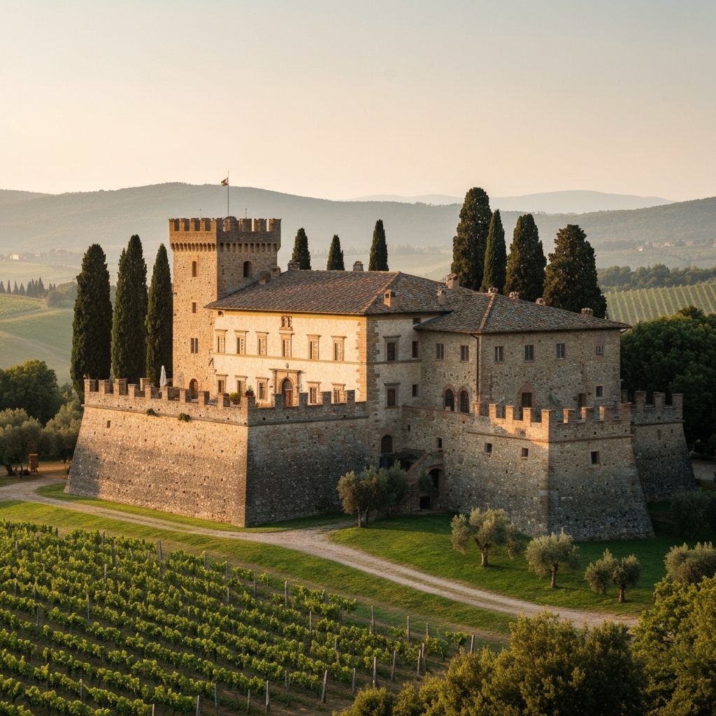 Historic fortress villa in Tuscany with cypress trees and rolling hills