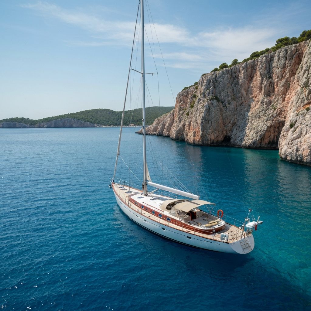 Luxury sailing yacht in secluded Croatian bay with crystal clear water