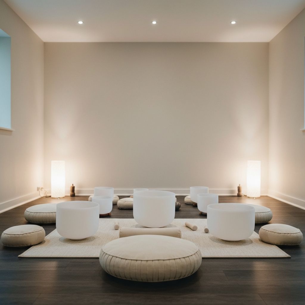 Elegant sound healing space with crystal singing bowls