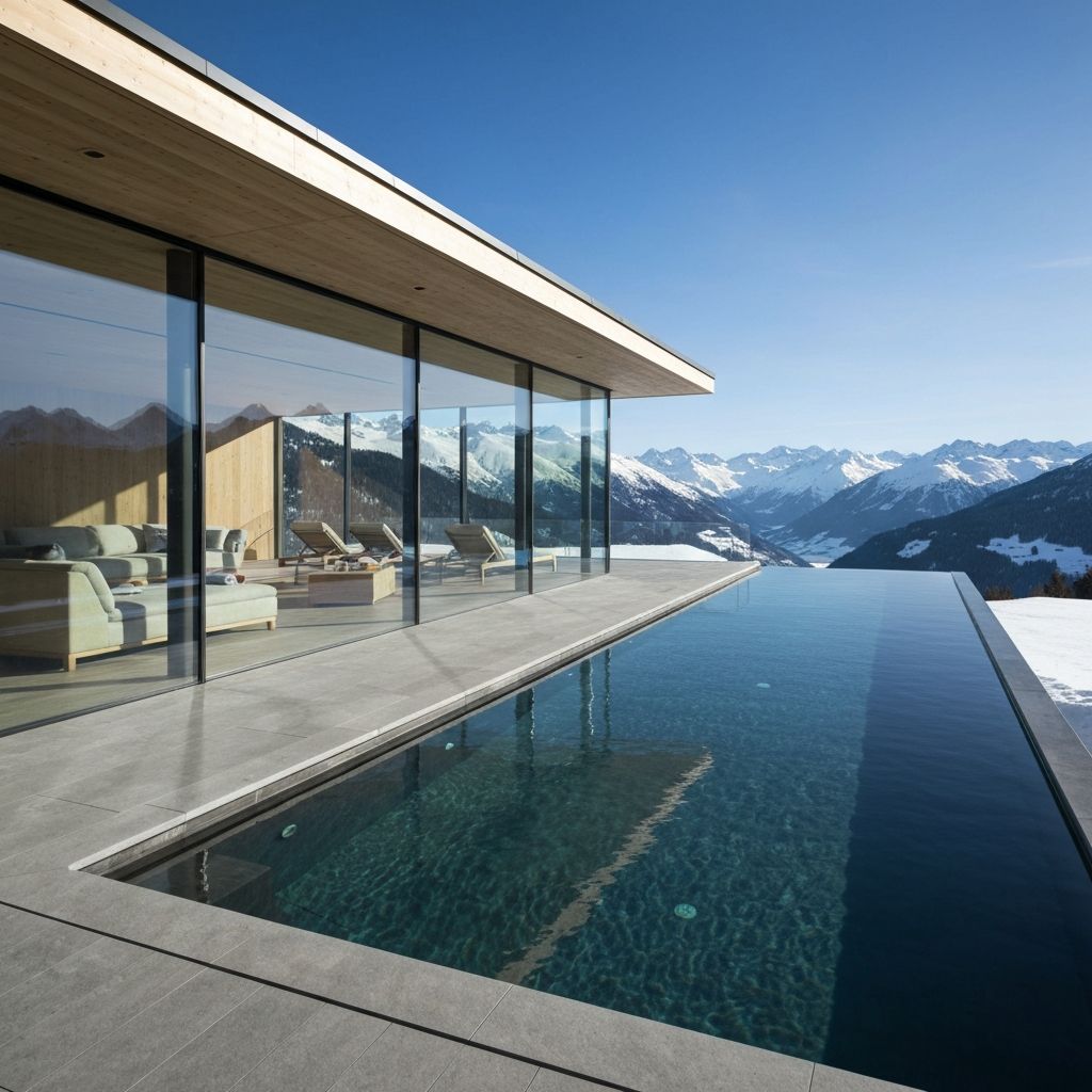 Luxury alpine wellness retreat in Swiss mountains with infinity pool