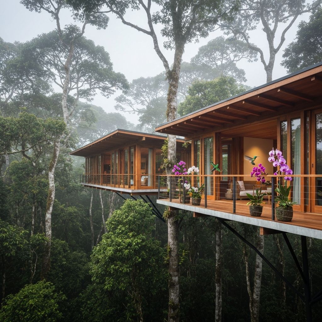 Luxury cloud forest eco-lodge in Costa Rica suspended among misty tree canopy