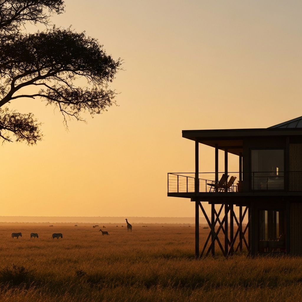Zero-impact luxury safari lodge in South Africa overlooking savanna at golden hour