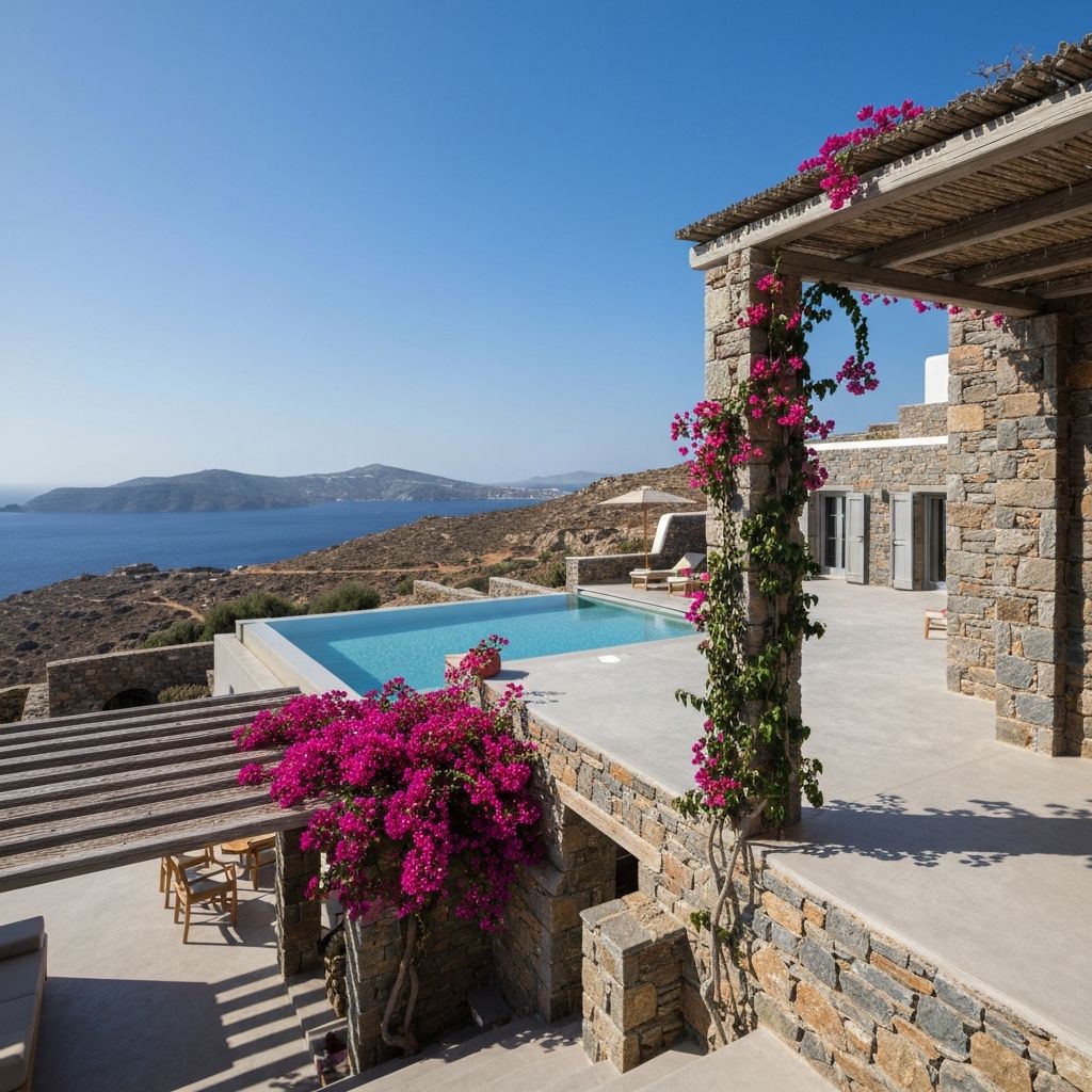 Secluded luxury Cyclades villa with stone terrace and infinity pool overlooking the Aegean Sea