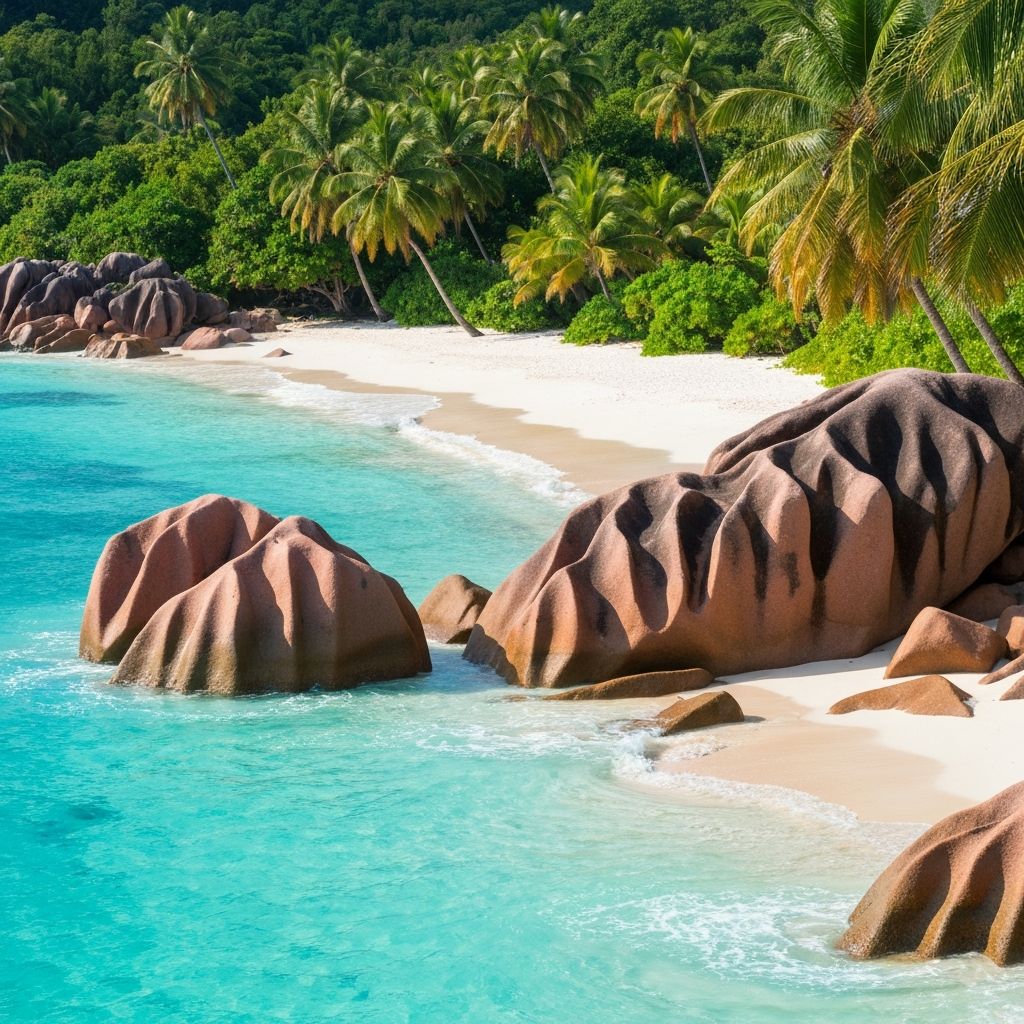 Anse Source d'Argent Seychelles with iconic pink granite boulders and turquoise Indian Ocean