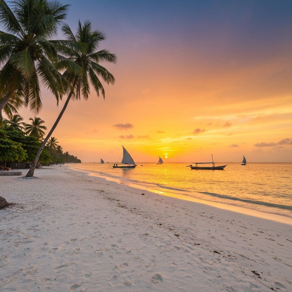 Zanzibar Tanzania pristine white sand beach with traditional dhow sailing at sunset