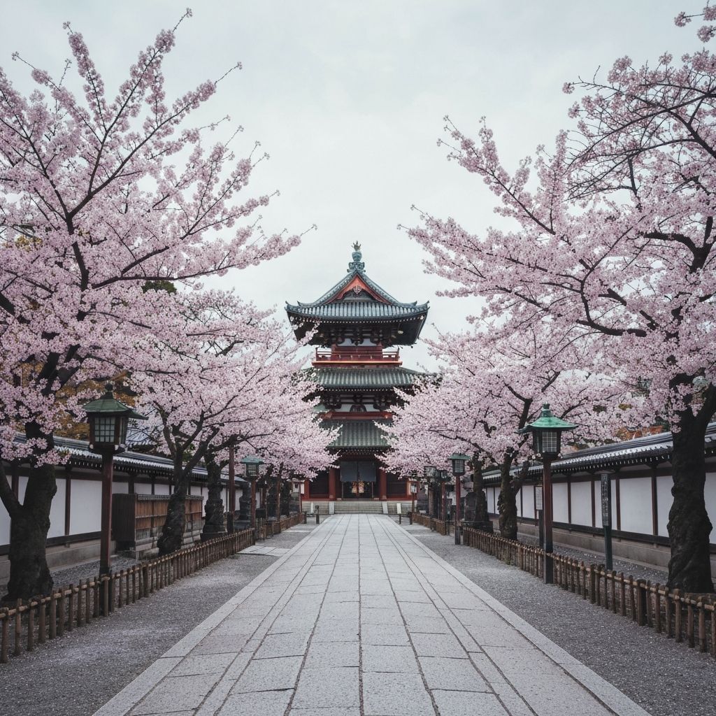 Cherry blossom sakura trees in full bloom along Kyoto temple pathway