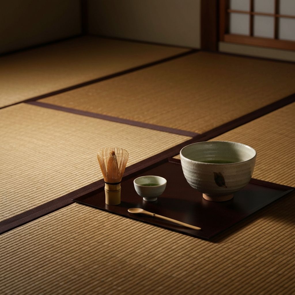 Traditional Japanese tea ceremony with matcha bowl and bamboo whisk