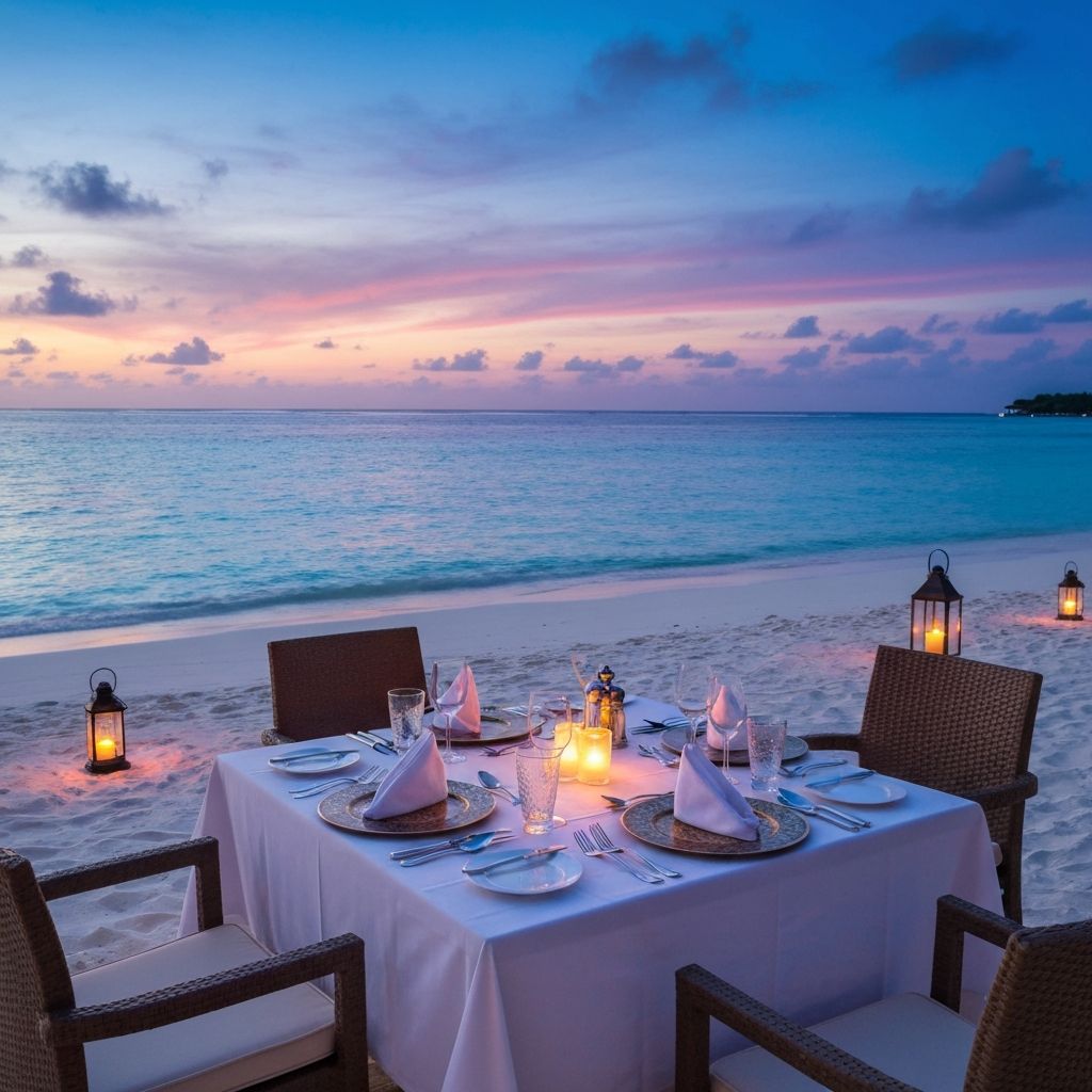 Romantic candlelit beach dinner in Maldives at sunset