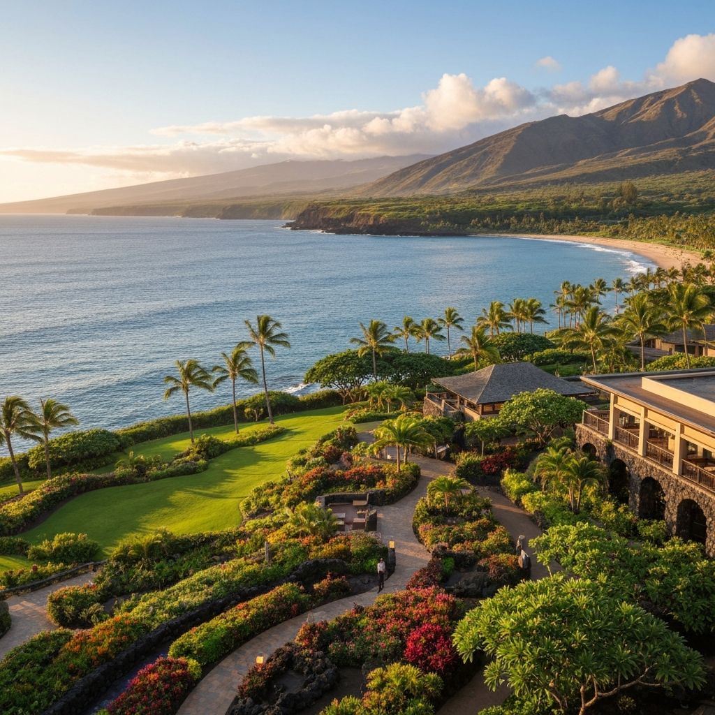 Ritz-Carlton Kapalua Maui luxury resort at golden hour
