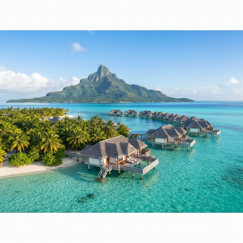 Luxury overwater bungalows in Bora Bora with Mount Otemanu backdrop