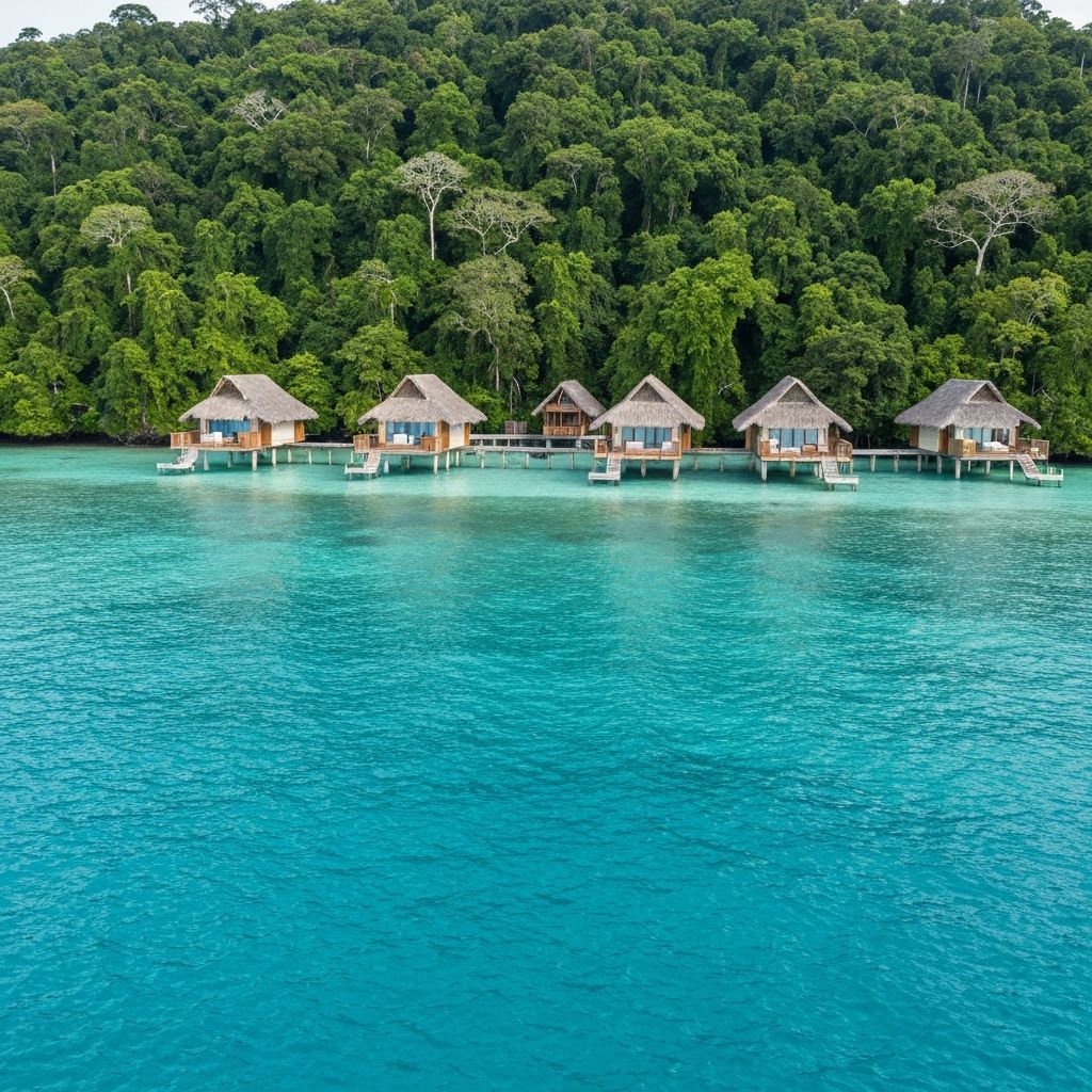 Eco-luxury overwater bungalows in Panama with rainforest backdrop