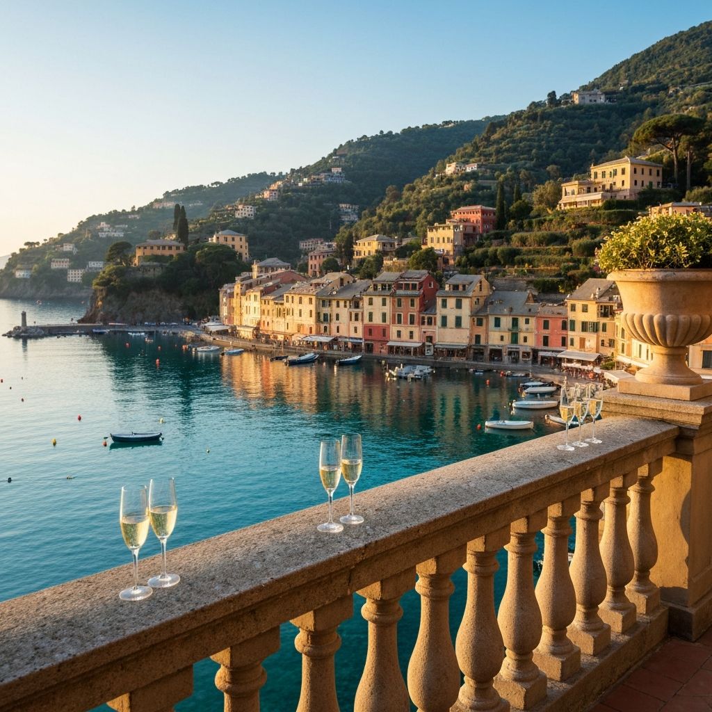 Belmond Hotel Splendido terrace aperitivo overlooking the harbour and bay of Portofino in golden afternoon light