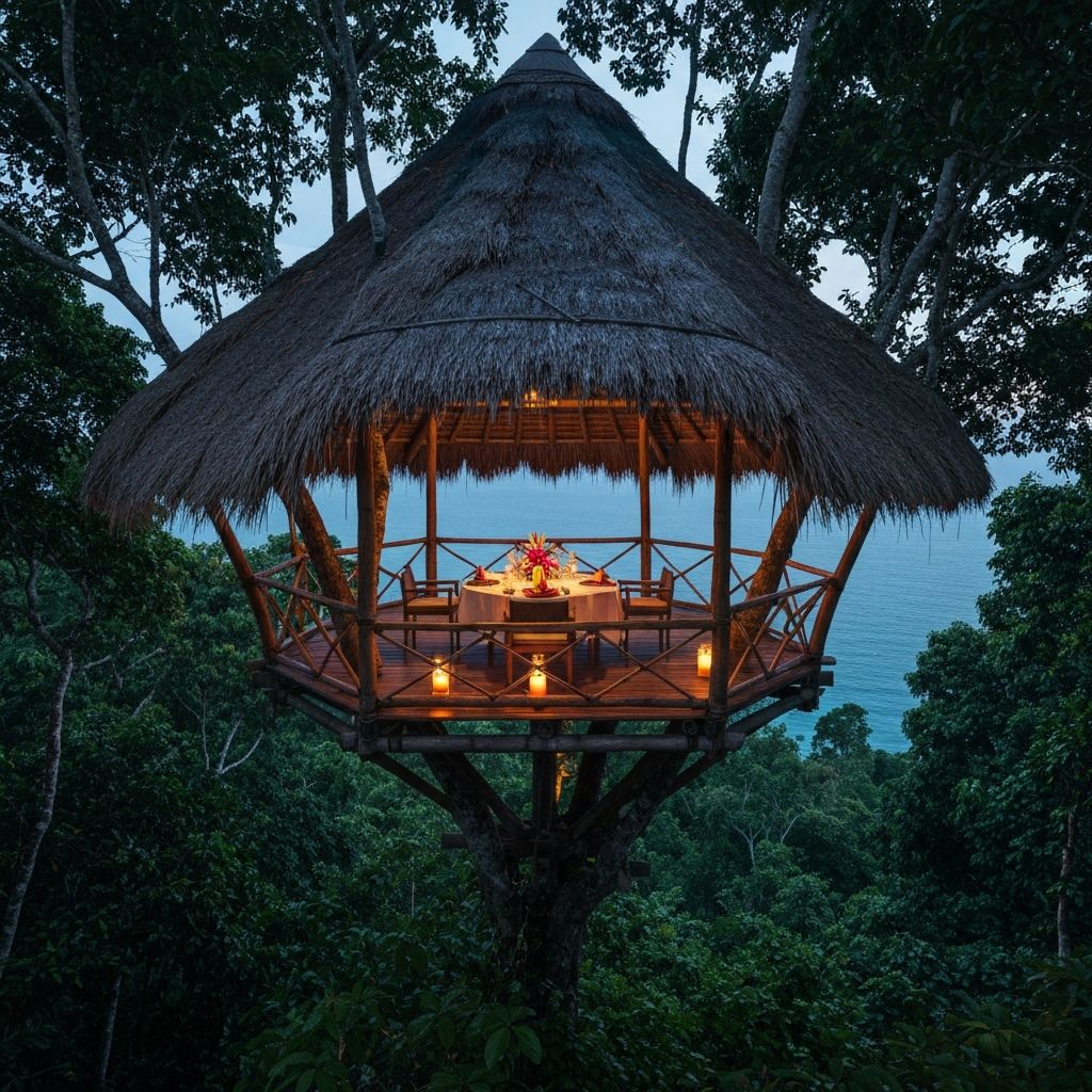 Luxury treehouse dining platform above Sumba jungle canopy at dusk with the Indian Ocean visible below