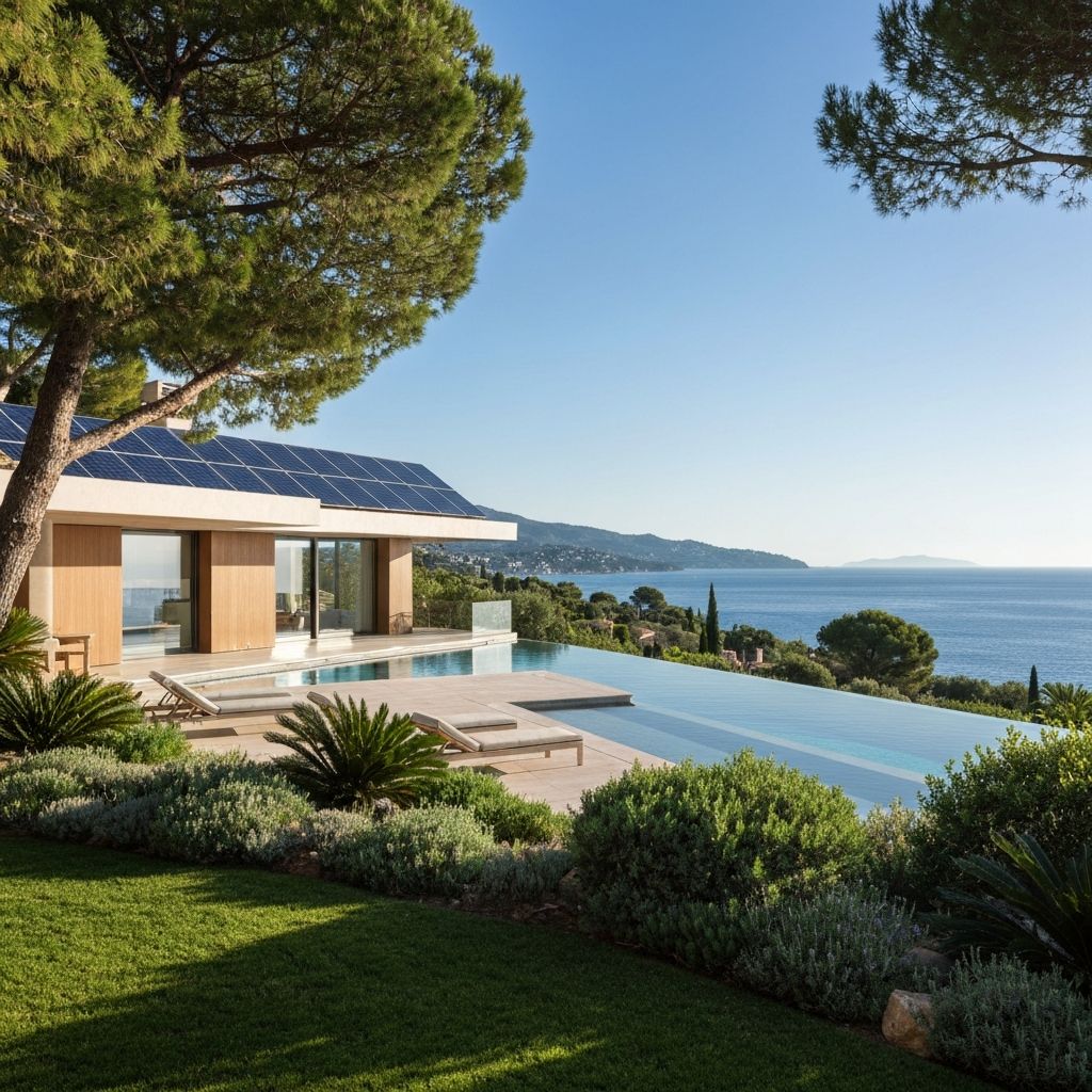 Sustainable luxury villa on French Riviera with eco-conscious design and lush Mediterranean gardens