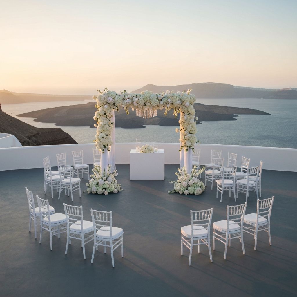 Luxury wedding ceremony setup on Santorini cliff edge