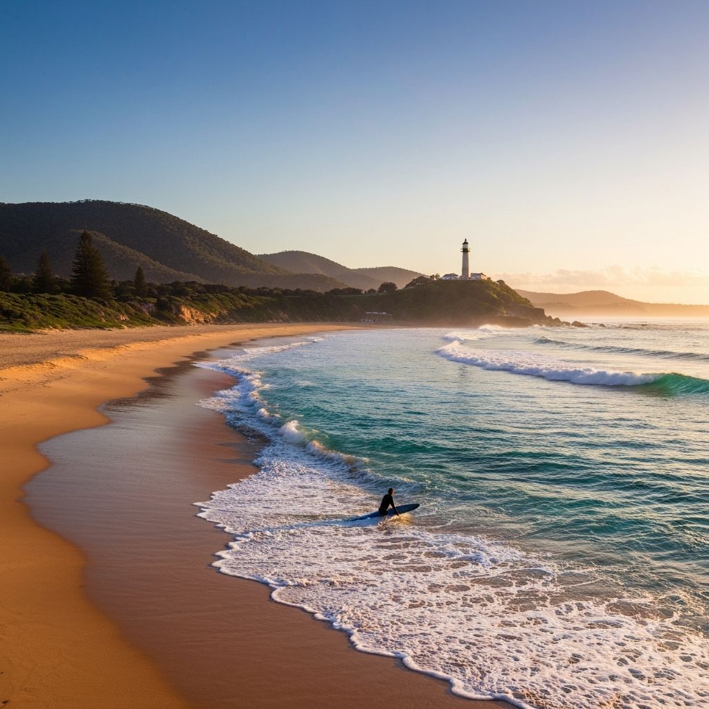 Byron Bay Australia sunrise with lone surfer silhouette paddling out toward crystal Pacific waves