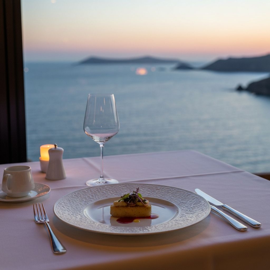 Elegant solo fine dining table setting with ocean view at dusk