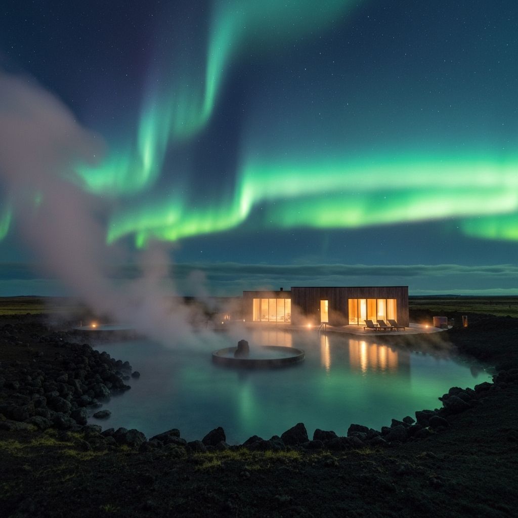 Remote geothermal spa in Iceland with steam and Northern Lights