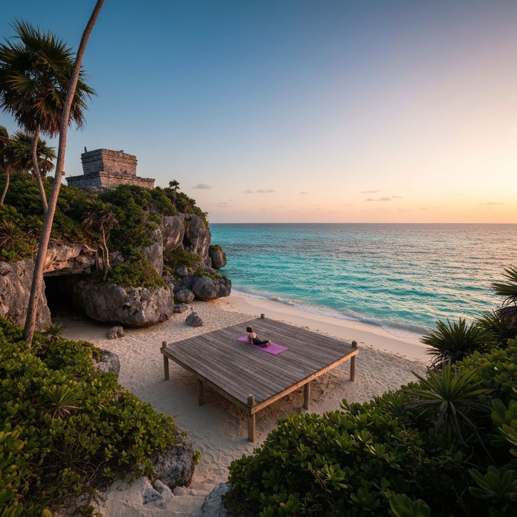 Tulum beachfront yoga platform at dawn with Mayan ruins on the cliff and turquoise Caribbean sea