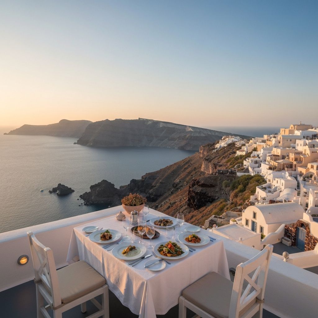 Cliffside dining overlooking the Santorini caldera at sunset
