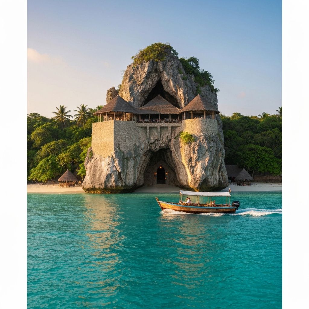 The Rock Restaurant emerging from the Indian Ocean in Zanzibar