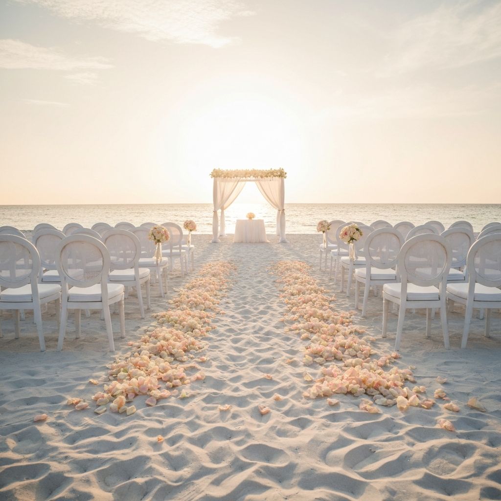 Elegant wedding aisle on sand with rose petals at sunset