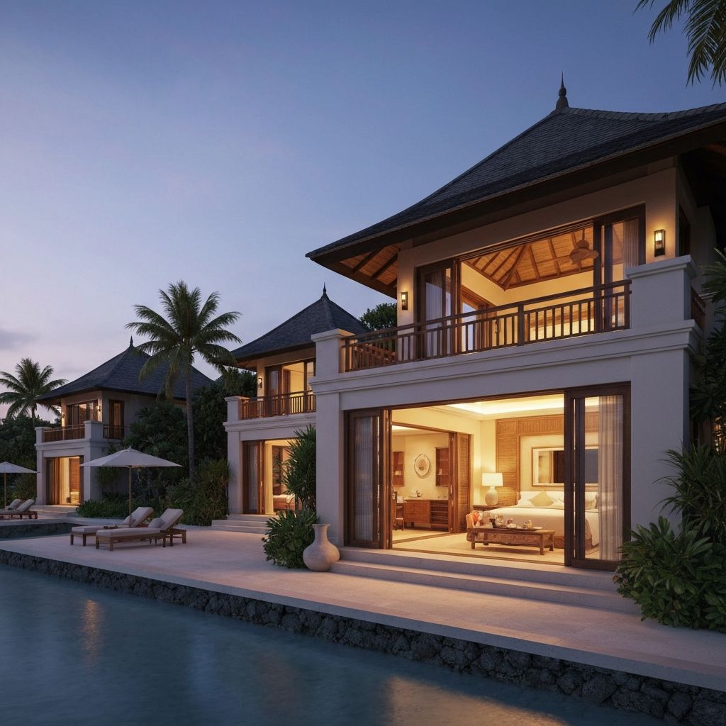 Luxury beachfront resort villa at dusk for wedding guests