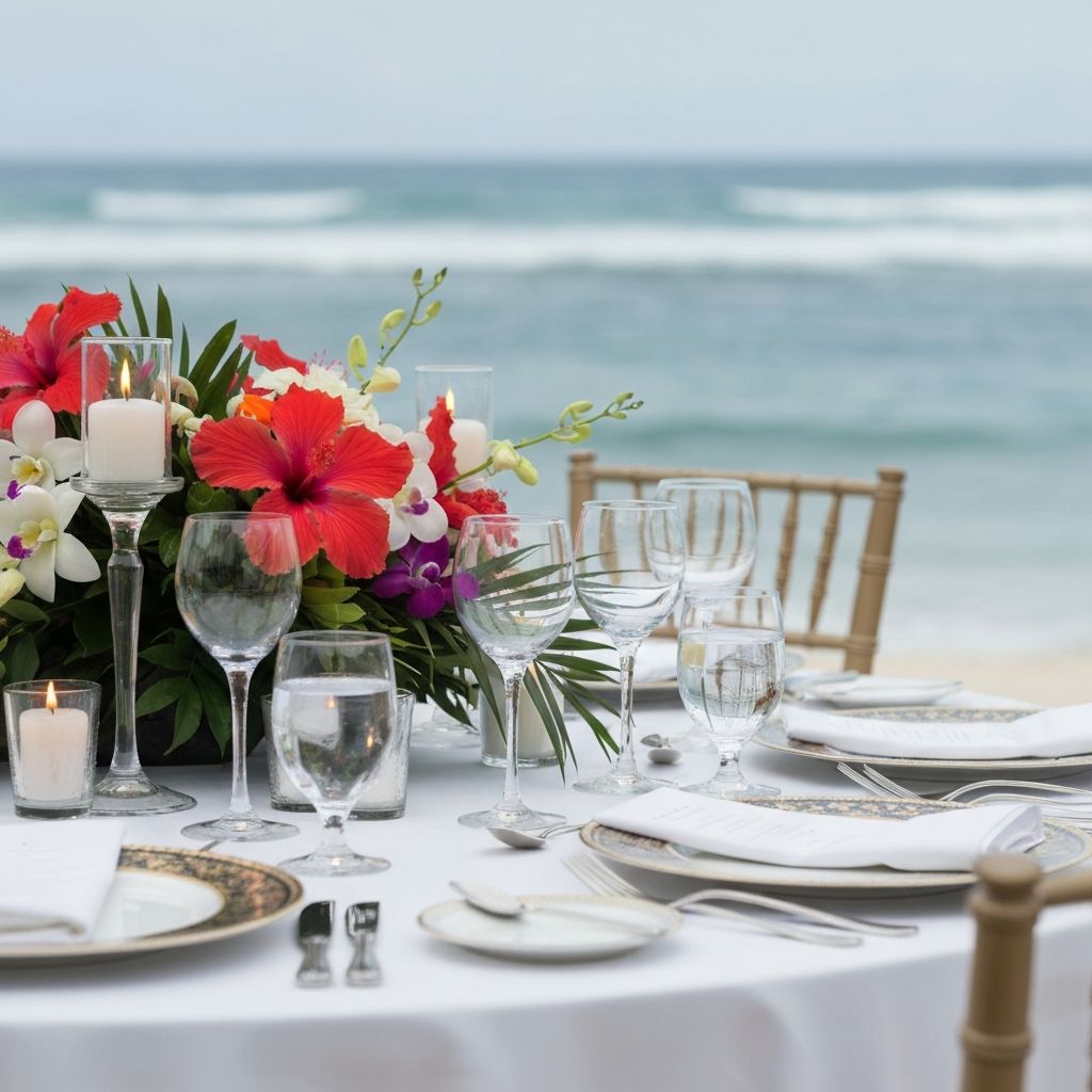 Elegant beach wedding table setting with candles and fine china