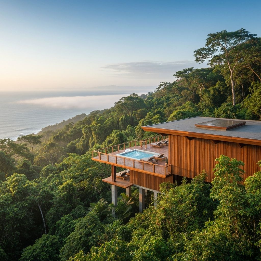 Luxury Costa Rica rainforest wellness retreat with open-air spa overlooking Pacific Ocean through jungle canopy