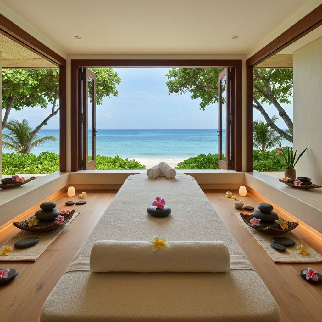 Luxury beachfront spa treatment room with ocean views