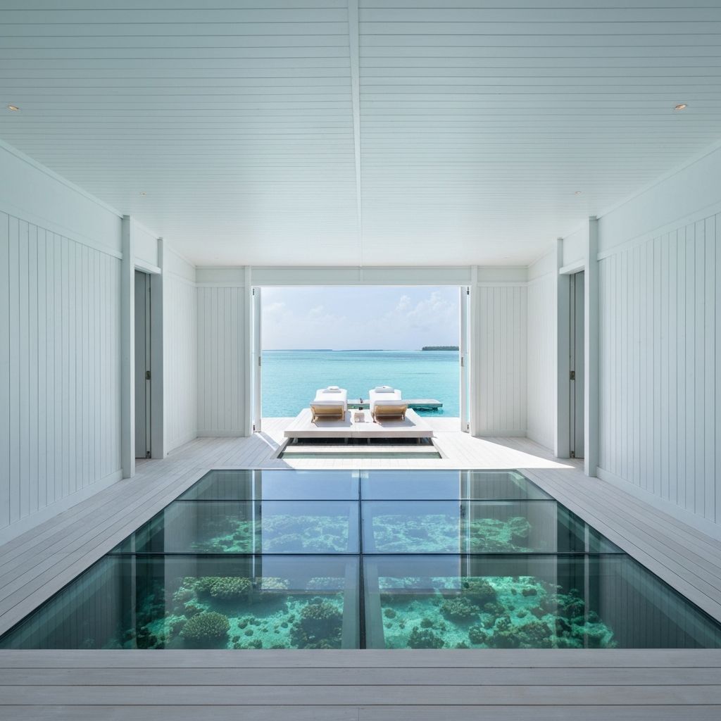 Overwater wellness spa villa in Maldives with glass floor revealing coral reef and turquoise lagoon panorama