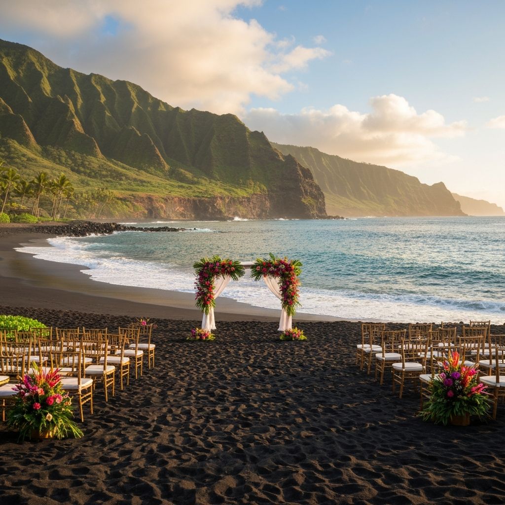 Luxury beach wedding on Hawaiian black sand beach with volcanic cliffs and tropical mountains