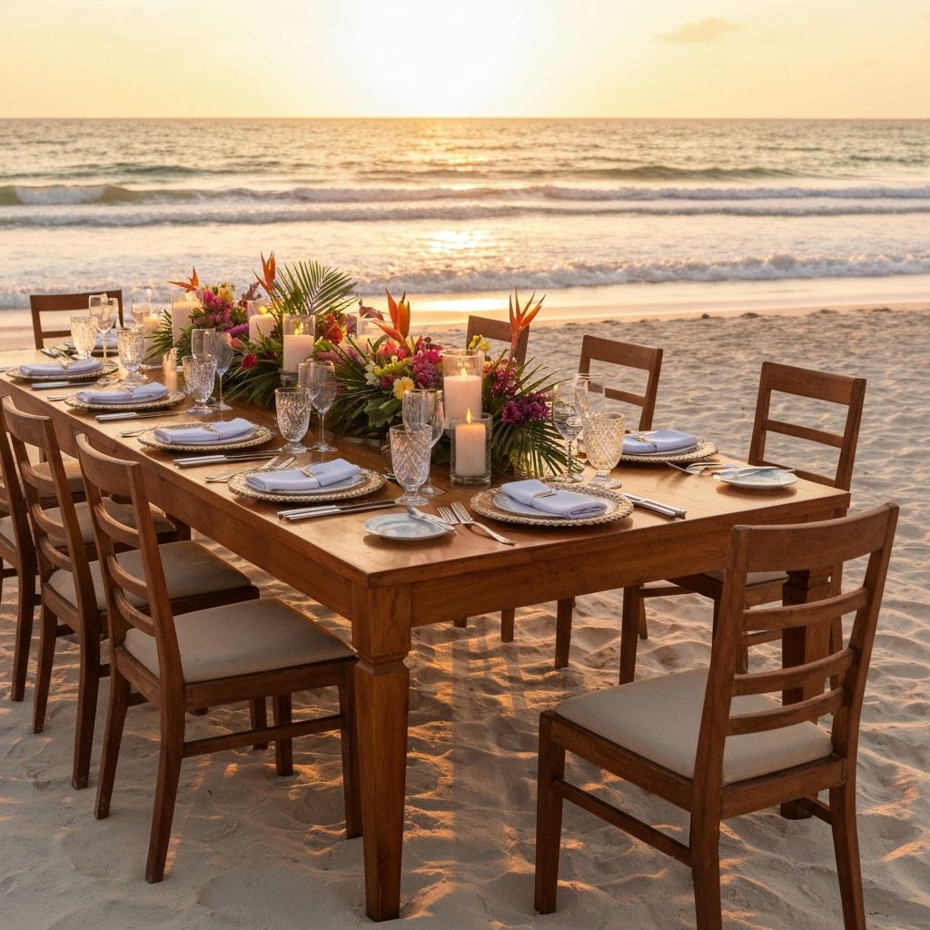 Elegant beach fine dining setup at sunset with candles and floral centerpieces