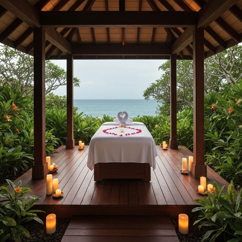 Luxury tropical spa pavilion surrounded by lush plants and candles