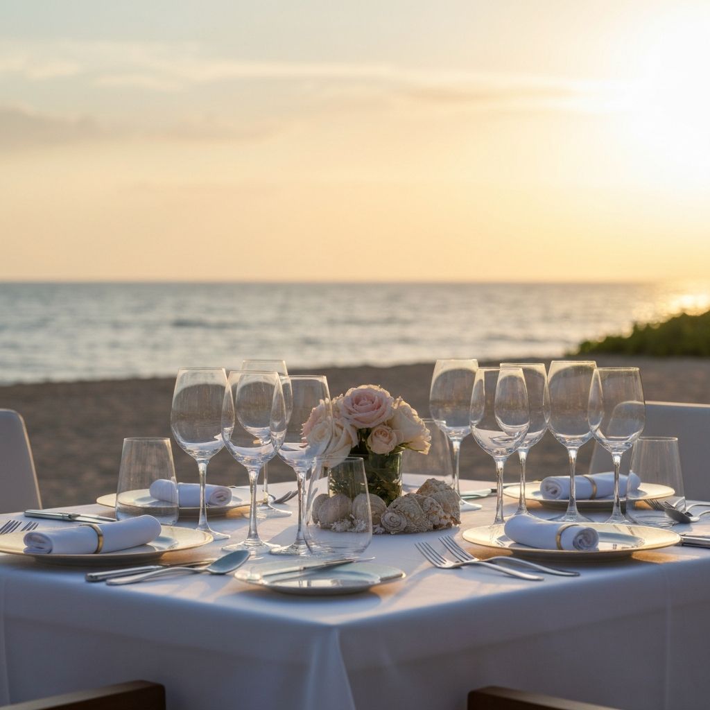 Elegant beachside dining table at sunset