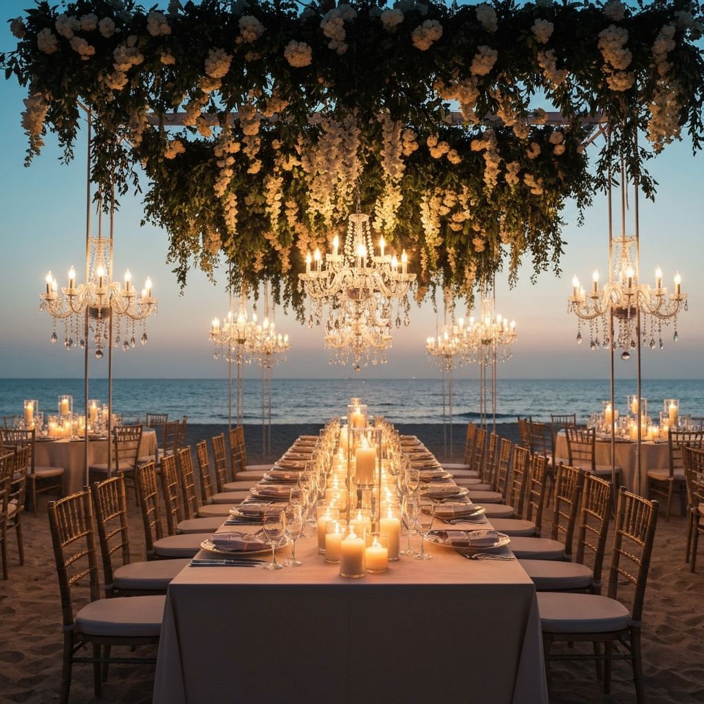 Luxury beach wedding reception at twilight