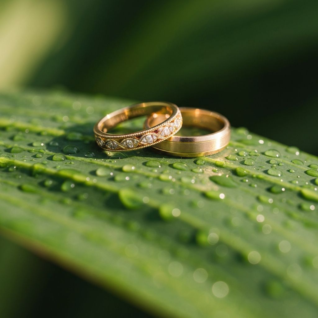 Wedding rings on a tropical leaf
