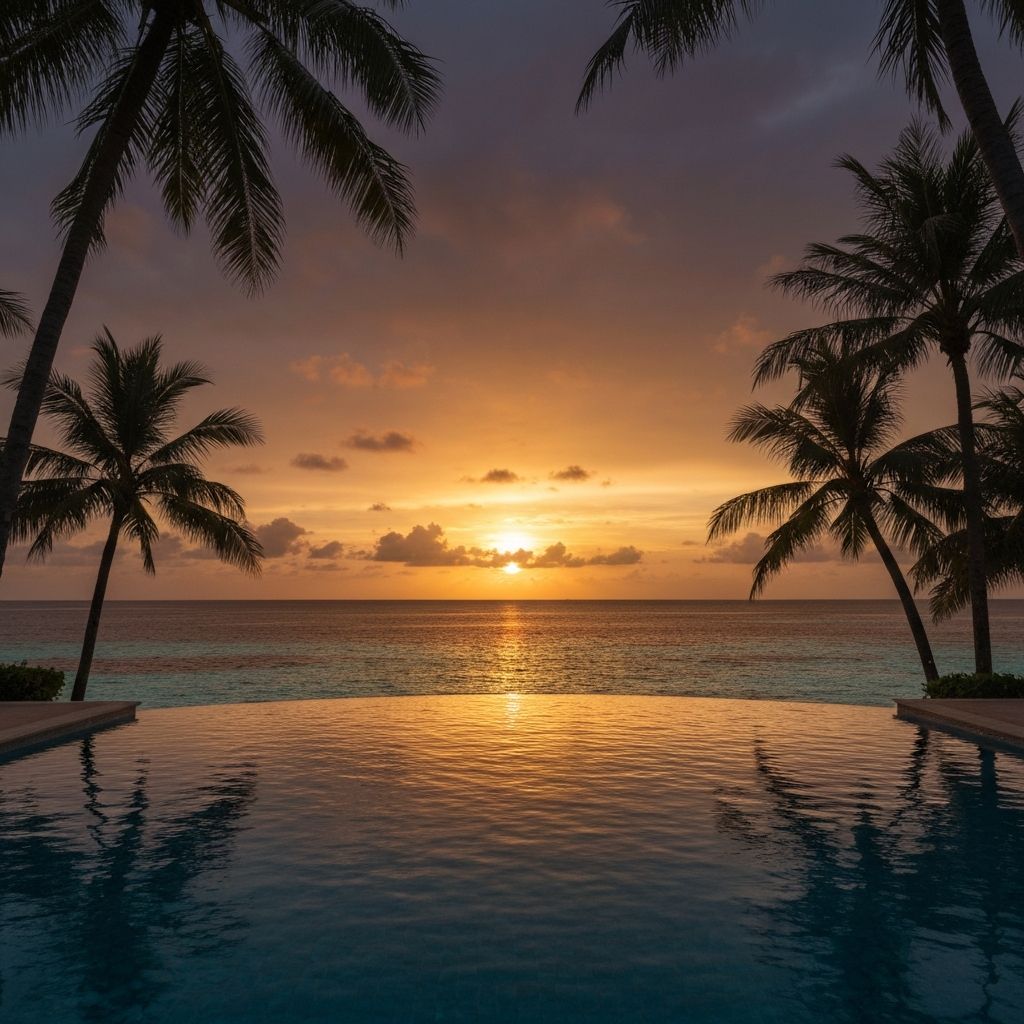 Luxury tropical resort infinity pool at golden hour sunset