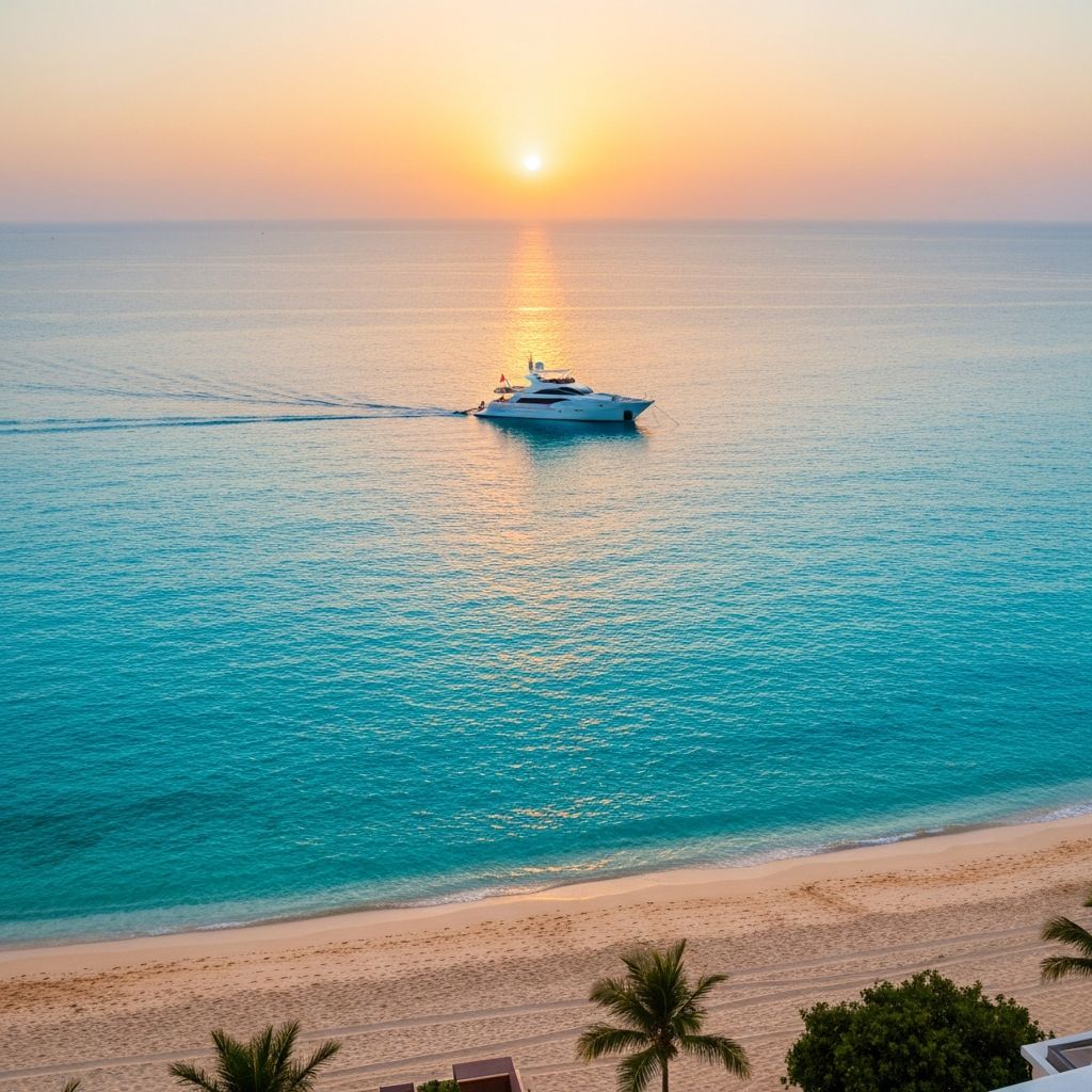 Pristine luxury beach at golden hour with calm crystal-clear water and palm tree silhouettes